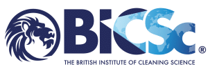 Logo for The British Institute of Cleaning Science (BICSc), featuring a stylized lion head and the initials BICSc with a world map design in the letters, and the full institute name below.