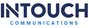 Logo for Intouch Communications. The word INTOUCH is in bold, dark blue uppercase letters, with COMMUNICATIONS in smaller, light blue uppercase letters beneath it.