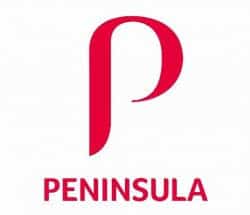 A stylized red letter P above the word PENINSULA in bold, red capital letters on a white background.
