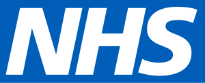 The NHS logo in bold white letters on a blue rectangular background.